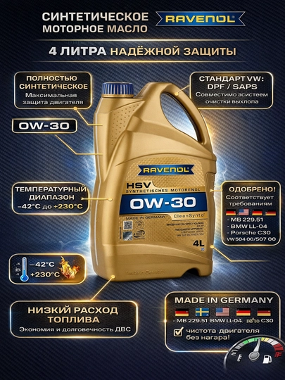 Моторное масло для легковых автомобилей RAVENOL HSV 0W-30 — CARLIFE-RAVENOL0W30HSV4L