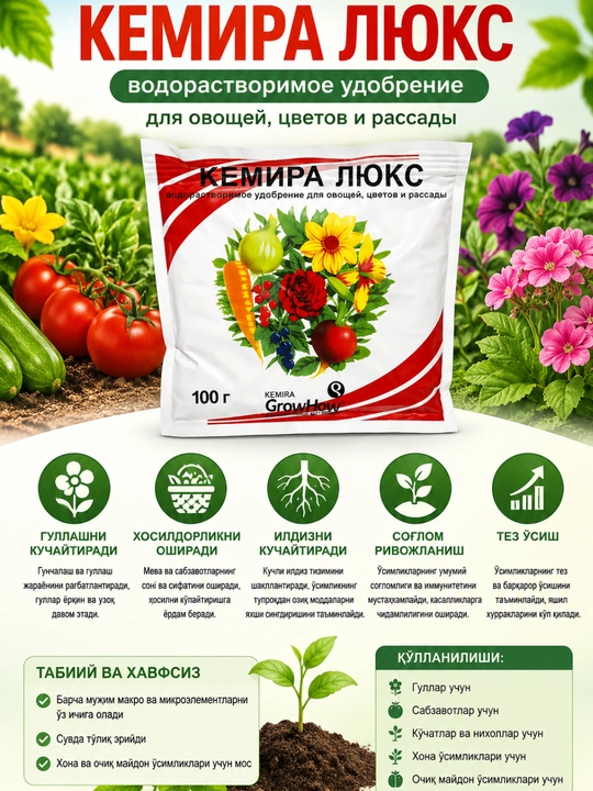 Kemira lyuks sabzavotlar gullar va ko‘chatlar uchun suvda eriydigan kompleks o‘g‘it, 100 g