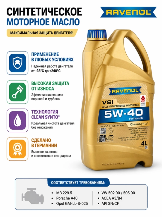 Моторное масло для легковых автомобилей RAVENOL VSI 5W-40