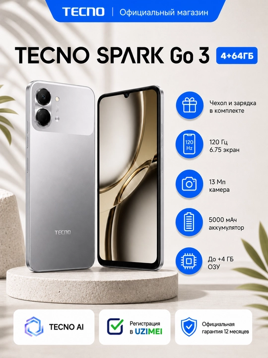 Смартфон TECNO SPARK Go 3, 120 Гц 6.75", 5000 мАч
