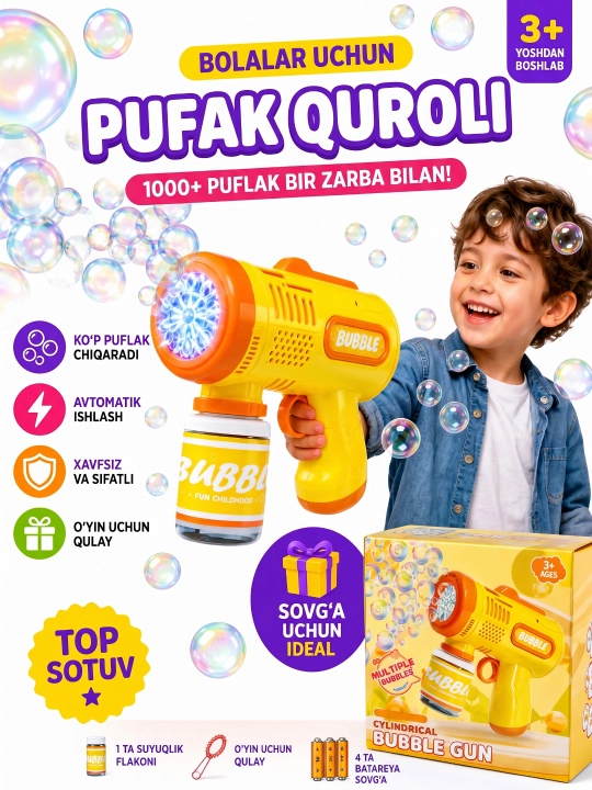 Bubble Gun – rangli sovun pufakchasi chiqaruvchi o‘yinchoq - 