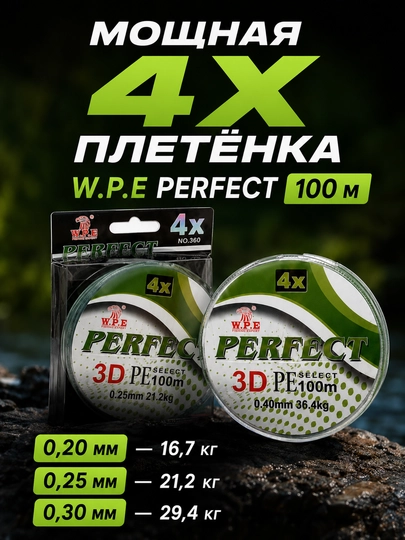 Плетёный шнур W.P.E PERFECT 4X 100 м для спиннинга и фидера зеленый