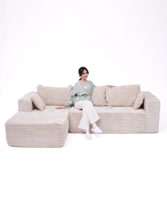 Karkassiz burchakli divan modul 260×160 sm, yumshoq mehmonxona uchun