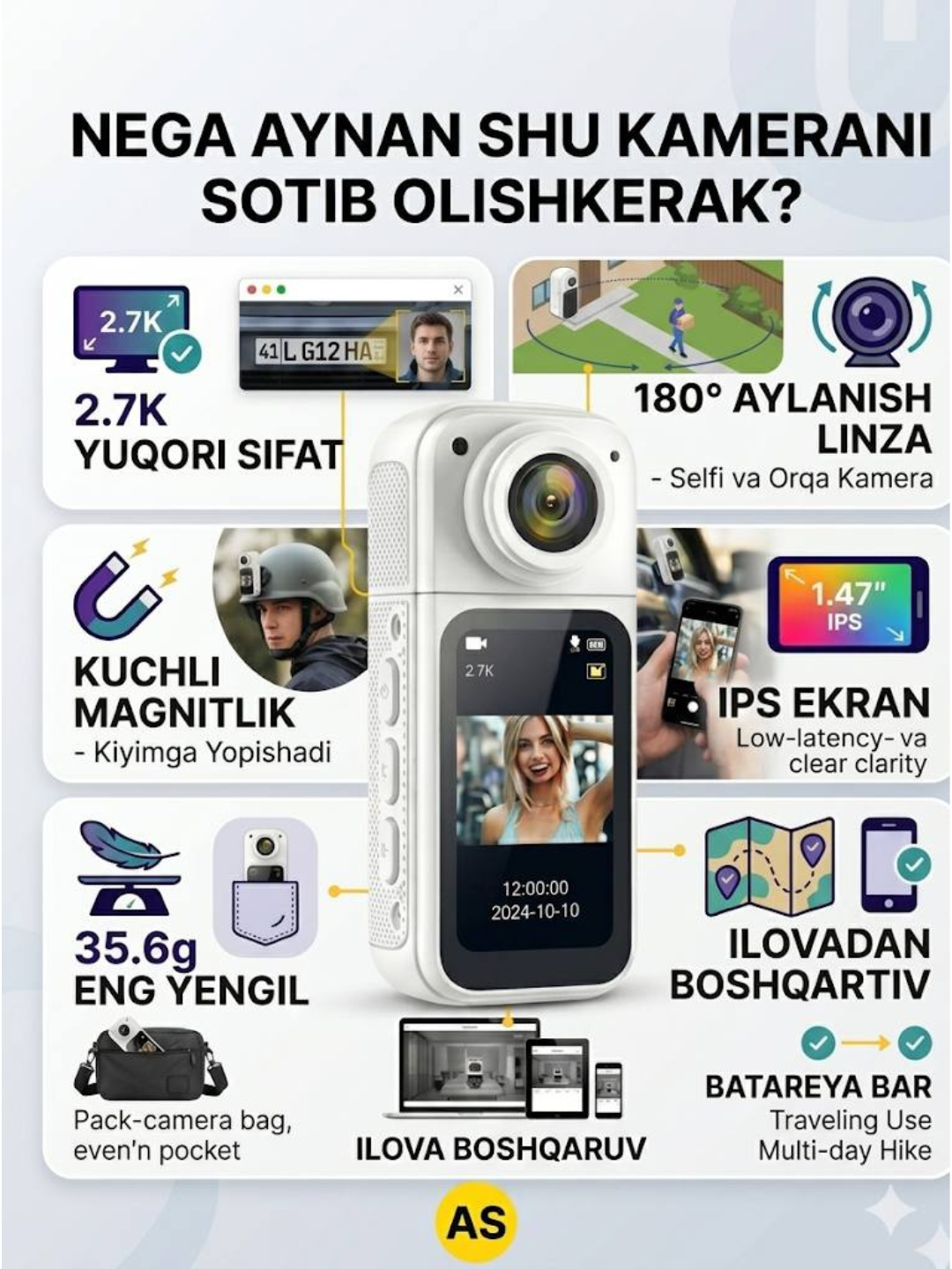 Мини экшн-камера S70, 2.7K Wi-Fi, поворотная линза 180°, магнитная - 