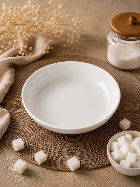 Diametri 23 sm, balandligi 5 sm va og‘irligi 650 g bo‘lgan nafis salat idishi
