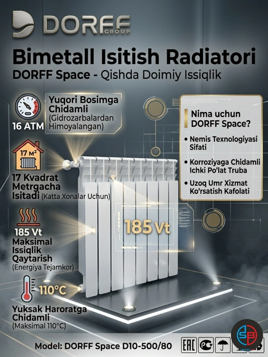 DORFF Space D10-500/80, 10 seksiyali, yuqori issiqlik ajratuvchi bimetall isitish radiatori - 