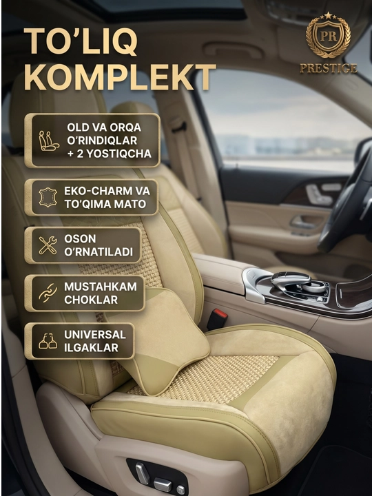 Eko charm va alkantardan tayyorlangan avtomobil o‘rindiqlari uchun universal yostiqli g‘iloflar to‘plami