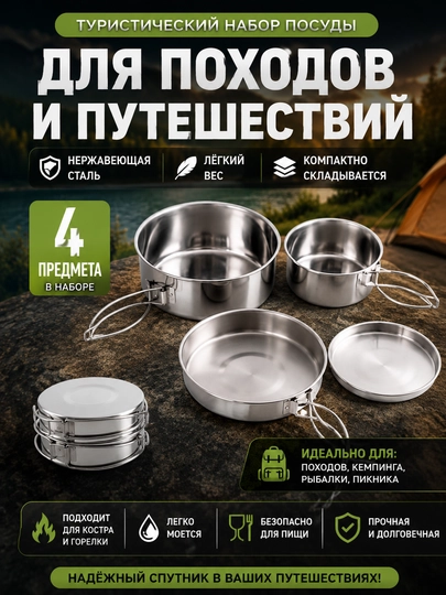 Туристический набор посуды 4 в 1 из нержавеющей стали для походов