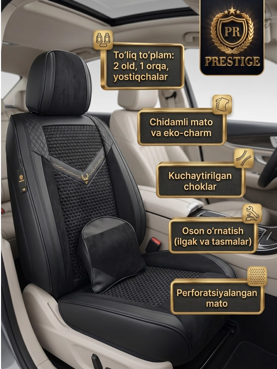 16. Avtomobil chexoli to'liq salon komplekt yostiq bilan — eko-charm va gazlama, old orqa