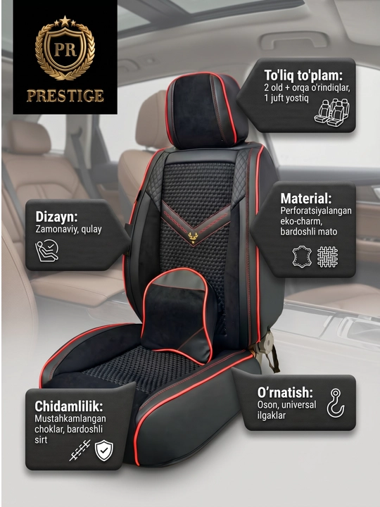 16. Avtomobil chexoli to'liq salon komplekt yostiq bilan — eko-charm va gazlama, old orqa