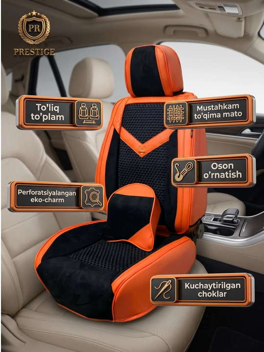 16. Avtomobil chexoli to'liq salon komplekt yostiq bilan — eko-charm va gazlama, old orqa