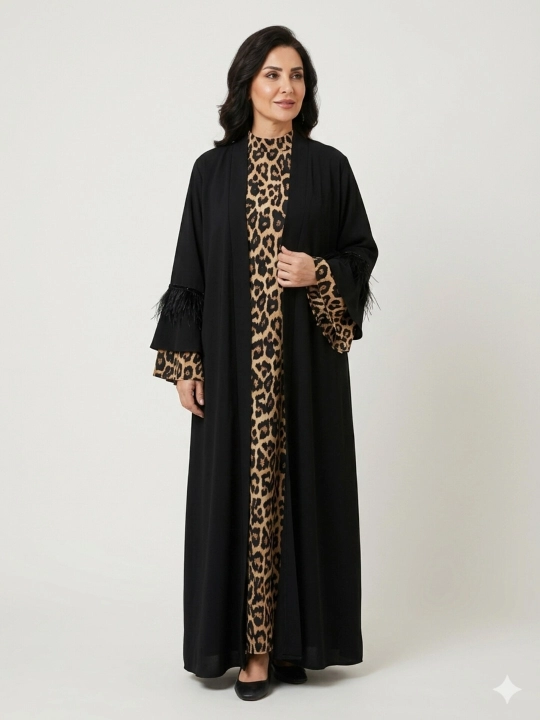 Muslima ayollar uchun dvoyka to'plam: patli chapan va leopard printli ko'ylak