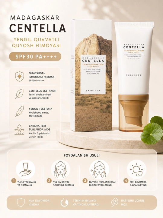 Quyoshdan himoya qiluvchi yengil krem Skin1004 Madagascar Centella SPF50+ PA+++, 50 ml - 