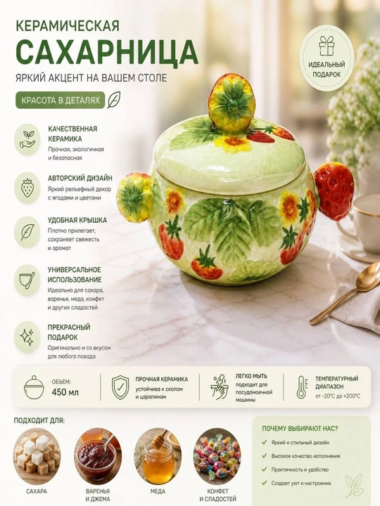 Qopqoqli, qulupnay mavzusidagi keramik shakar idishi, 850 ml - 