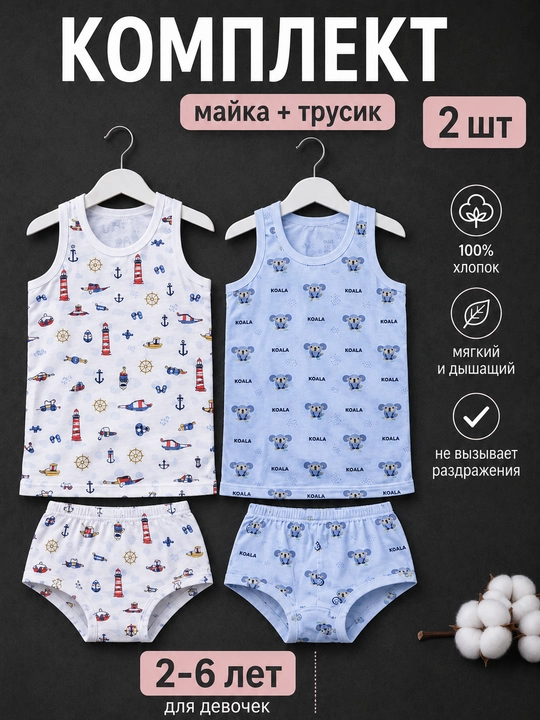 O‘g‘il bolalar uchun komplekt майка va trusik, paxta, yengil, qulay, uy uchun - 