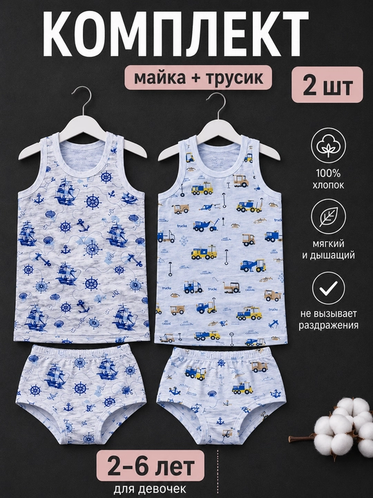 O‘g‘il bolalar uchun komplekt майка va trusik, paxta, yengil, qulay, uy uchun - 