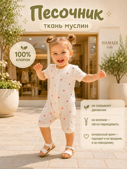 Одежда для новорождённых: песочник, муслиновая двойка, 100% хлопок