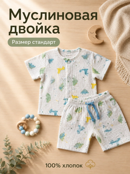 Chaqaloqlar uchun kiyim: pesochnik, muslinli 2 lik to‘plam, 100% paxta - 
