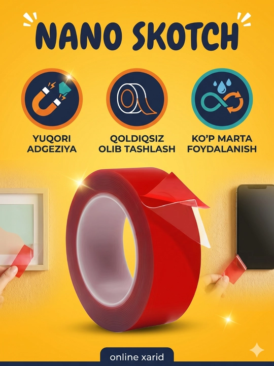 Nano skotch, ikki tomonlama, ko‘p martalik, mahkamlash, hoshiya lentasi, germetik - 