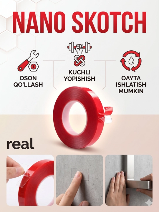 Nano skotch, ikki tomonlama, ko‘p martalik, mahkamlash, hoshiya lentasi, germetik