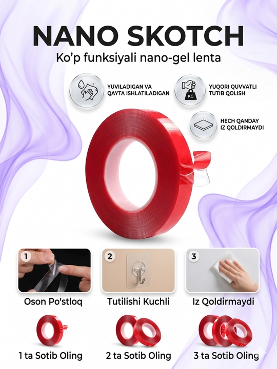 Nano skotch, ikki tomonlama, ko‘p martalik, mahkamlash, hoshiya lentasi, germetik