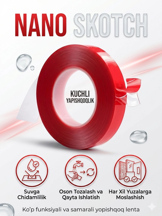 Nano skotch, ikki tomonlama, ko‘p martalik, mahkamlash, hoshiya lentasi, germetik