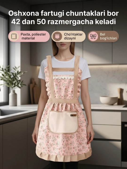 Ayollar uchun oshxona fartugi, cho'ntaklar bilan va universal