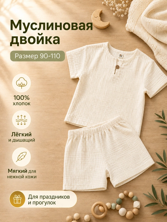 Chaqaloqlar uchun kiyim: pesochnik, muslinli 2 lik to‘plam, 100% paxta - 