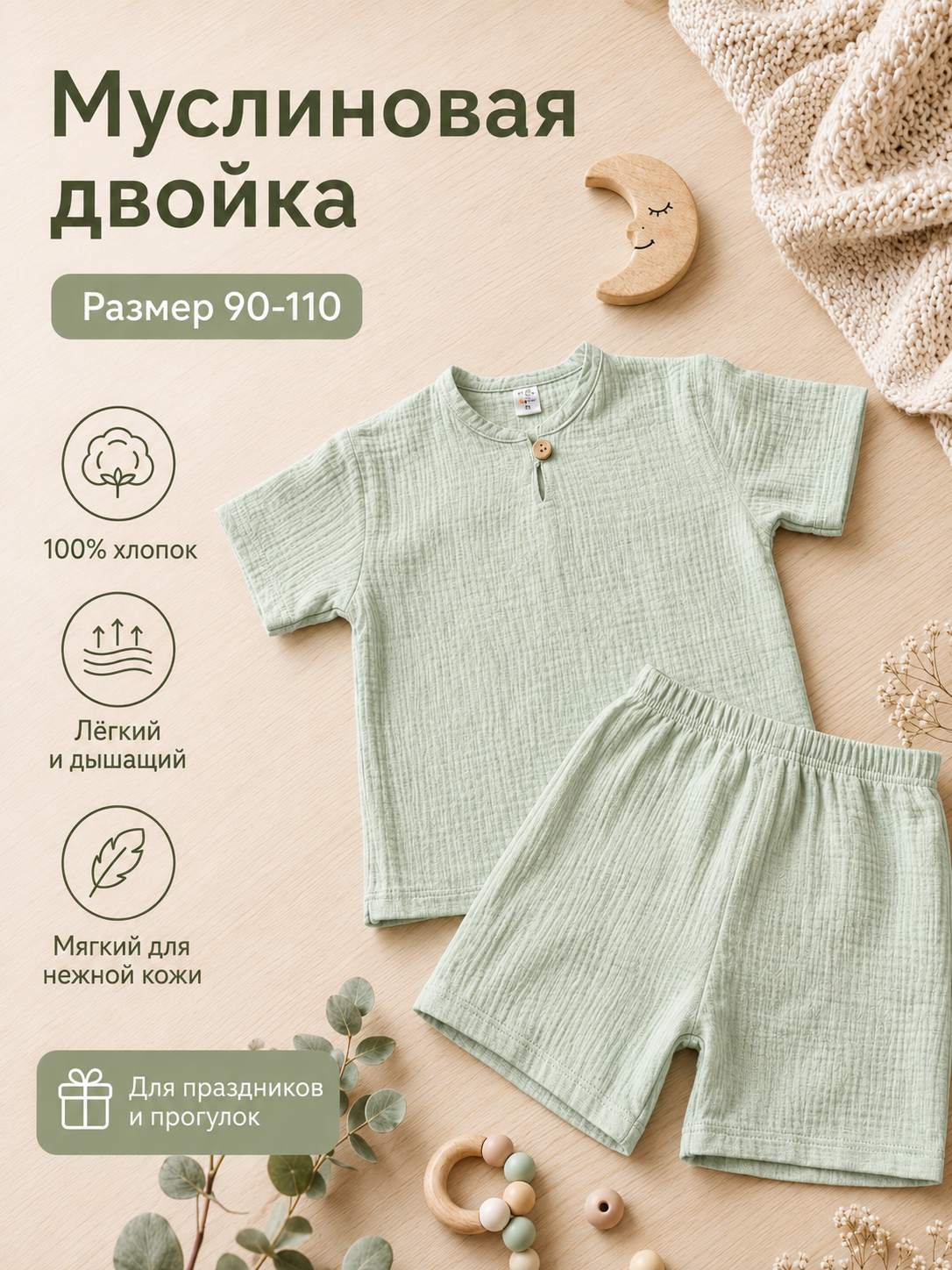 Chaqaloqlar uchun kiyim: pesochnik, muslinli 2 lik to‘plam, 100% paxta - 