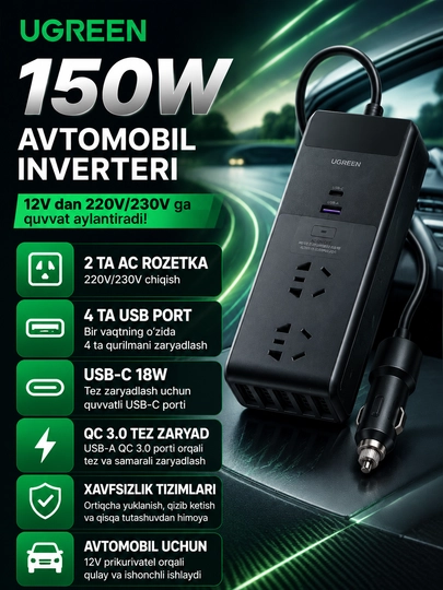 Автомобильный инвертор UGREEN 150W, 12V в 220V/230V, 2 розетки, USB-C, черный — JAHONS-UGREENINVERTOR