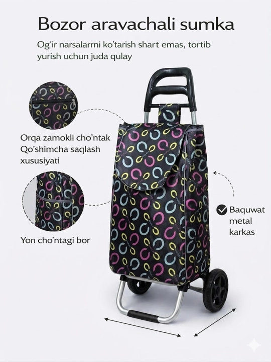 Arava sumka, shopper sumka, g'ildirakli sumka, bozor sumkasi, katta sumka, yuk sumka