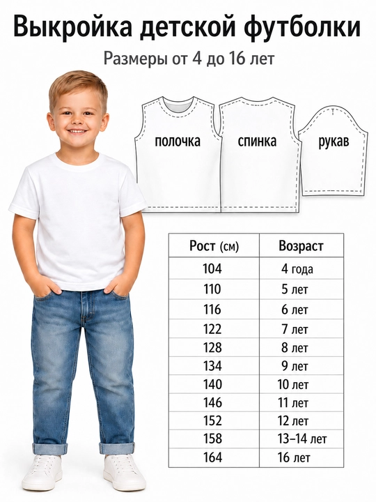 Базовая выкройка детской футболки , 4–16 лет, рост 104–164 см - 