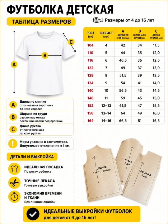Базовая выкройка детской футболки , 4–16 лет, рост 104–164 см