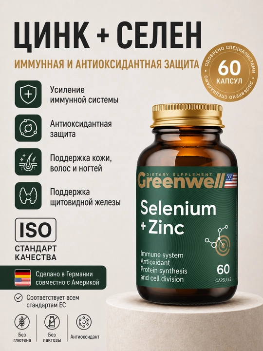 Цинк + Селен витамины, БАД для иммунитета, 60 капсул, Greenwell