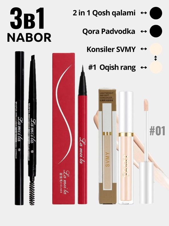 SVMY Professional Makiyaj Seti 3 in 1 — Padvodka, Qosh Qalami & Konsiler To‘plami - 