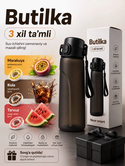 Вкусная, ароматная бутылка воды с насадкой Air Up, для спорта, в комплекте 3 разных вкуса — NOORTSM-SUVIDI-ХРОМ-750