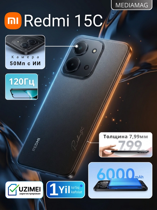Smartfon Redmi 15C, 8/256GB, 6000 mA/s, 6.9" ekran, 50MP AI kamera, 33 Vt tez zaryadlash - 