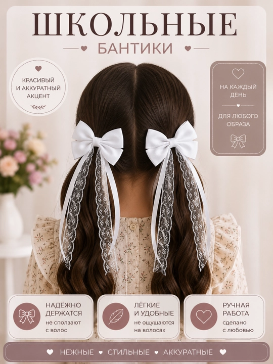 Бантики школьные, белые, для девочек - 