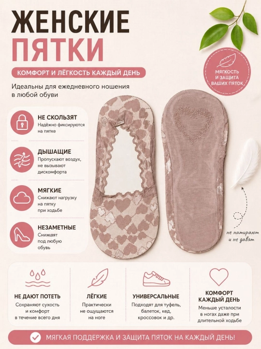 Женские следки-невидимки, с кружевом и силиконовой фиксацией - 