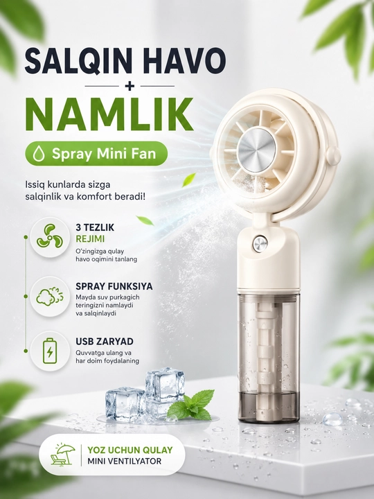 Mini ventilyator qo‘l uchun, USB zaryad, 2 tezlik, LED, ixcham va yengil fan