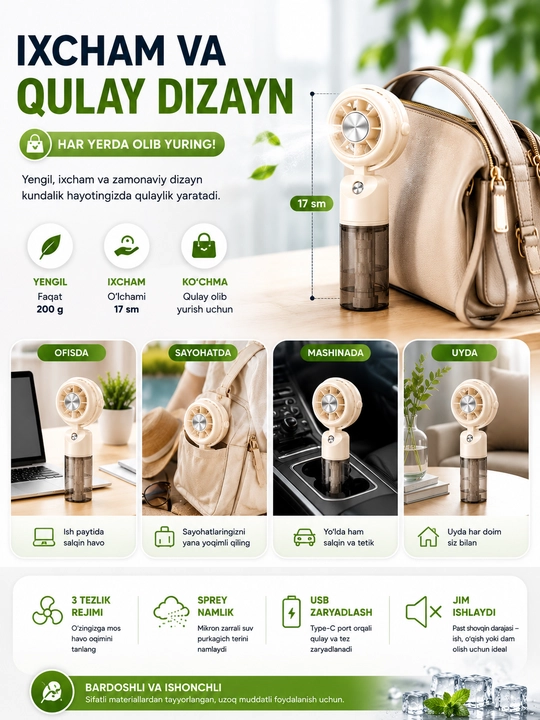 Mini ventilyator qo‘l uchun, USB zaryad, 2 tezlik, LED, ixcham va yengil fan