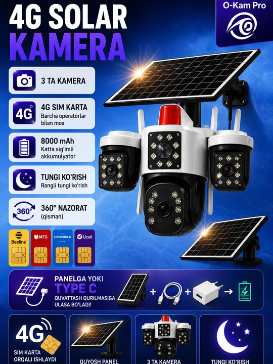 4G quyosh panelli kamera, kuzatuv kamerasi simkartali, kamera sim kartali, 360 kamera - 
