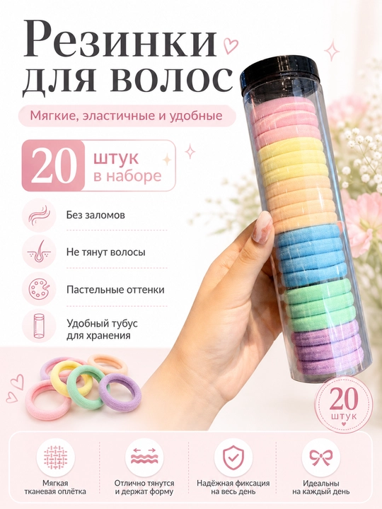 Набор цветных резинок для волос в тубусе 20 штук - 