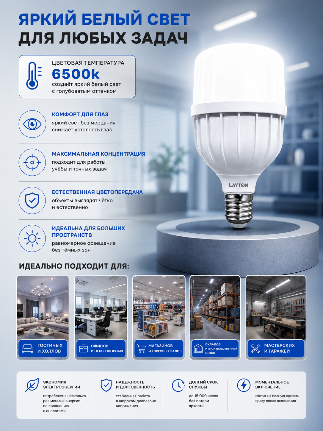 LED лампа LAYTON 40W E27 6500K 3600 Lm , холодный свет