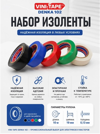 Набор Изоленты VINI-TAPE Denka 102, ПВХ, 10 м, разноцветных