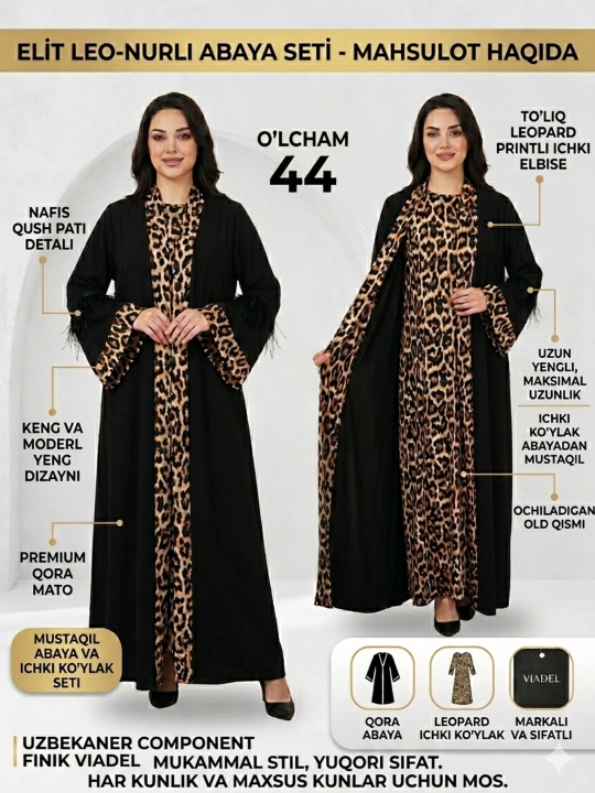 Muslima ayollar uchun dvoyka to'plam: patli chapan va leopard printli ko'ylak