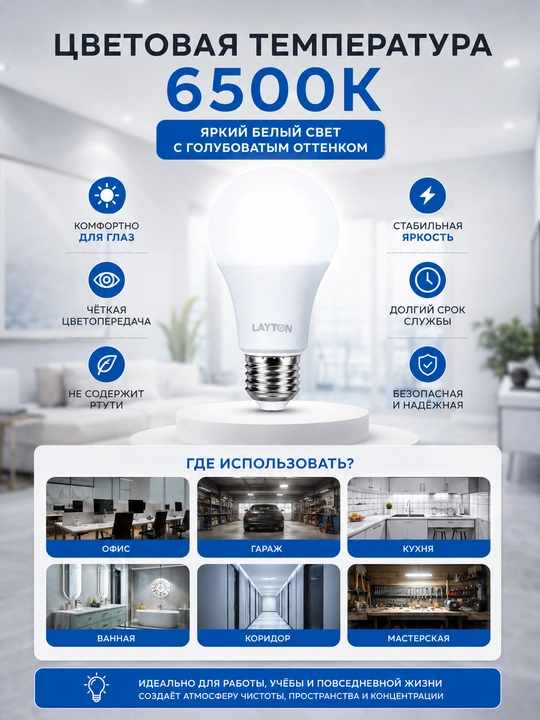 LED лампа  LAYTON 15W E27 6500K 1425 Lm холодный свет энергосберегающая