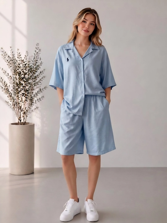 Летний женский костюм двойка oversize: шорты и рубашка - 