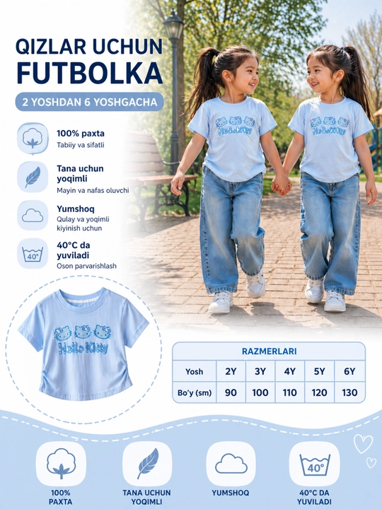 Qiz bolalar uchun yozgi, paxta matoli futbolka - 