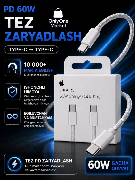 IPhone 60W uchun Apple kabeli - USB-C Type-C va Lightning, quvvatlash, 1 m - 